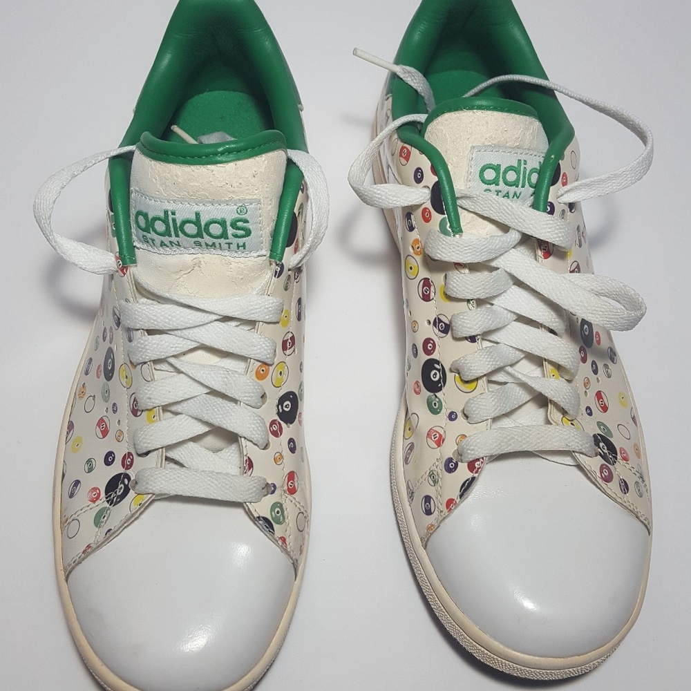 Adidas tennis shoes white and pool ball patterns